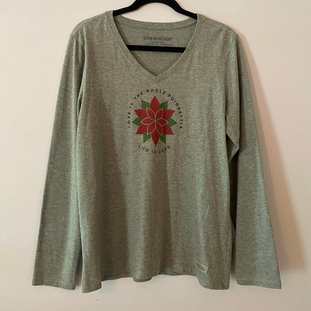 Life Is Good Gray Poinsettia Holiday Long Sleeve Crusher Tee V-neck Women Large